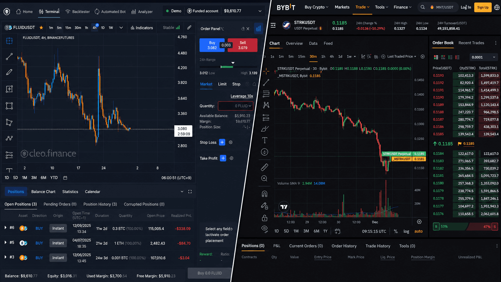 The Cleo and Bybit trading screens side by side