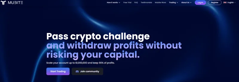 Mubite main page, best crypto prop trading firm