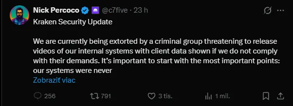Nick percoco tweet about kraken being insider job. Source: X.com